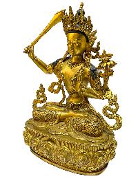 Nepali Statue Of Manjushri, [copper Gold Plated]