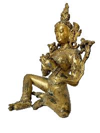 Nepali Statue Of Green Tara, [copper Gold Plated], [antique Finishing]