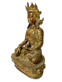 Nepali Statue Of Shakyamuni Buddha With Crown, [copper Gold Plated], [antique Finishing]