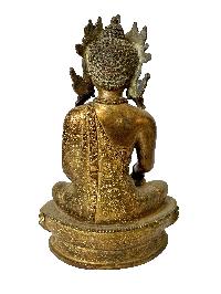 Nepali Statue Of Shakyamuni Buddha With Crown, [copper Gold Plated], [antique Finishing]