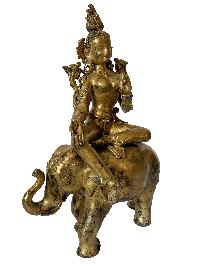 Nepali Statue Of Green Tara On Elephant, [copper Gold Plated], [antique Finishing]