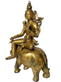 Nepali Statue Of Green Tara On Elephant, [copper Gold Plated], [antique Finishing]