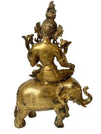 Nepali Statue Of Green Tara On Elephant, [copper Gold Plated], [antique Finishing]