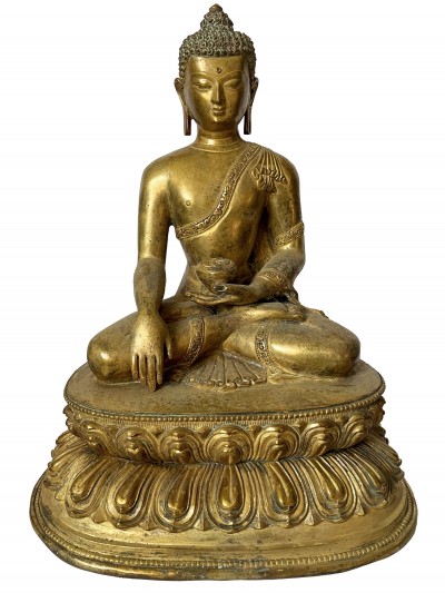 Nepali Statue Of Shakyamuni Buddha, [copper Gold Plated], [antique Finishing]
