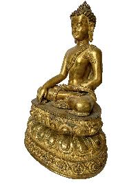 Nepali Statue Of Shakyamuni Buddha On Double Lotus Base, [copper Gold Plated], [antique Finishing]