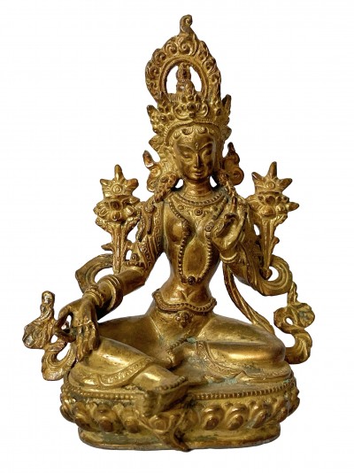 Nepali Statue Of Green Tara, [copper Gold Plated], [antique Finishing]