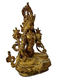 Nepali Statue Of Green Tara, [copper Gold Plated], [antique Finishing]