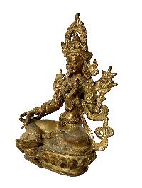 Nepali Statue Of Green Tara, [copper Gold Plated], [antique Finishing]