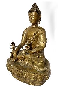 Nepali Statue Of Medicine Buddha, [copper Gold Plated], [antique Finishing]