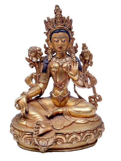 Nepali Statue Of Green Tara, [copper Gold Plated]