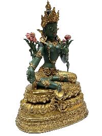 Nepali Statue Of Green Tara, [partly Gold Plated], [traditional Color Finishing]