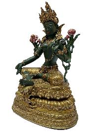 Nepali Statue Of Green Tara, [partly Gold Plated], [traditional Color Finishing]