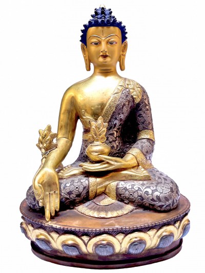 [old Stock], Nepali Statue Of Buddha, [partly Gold Plated], [painted Face], With Silver Embossed