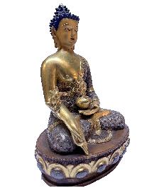 [old Stock], Nepali Statue Of Buddha, [partly Gold Plated], [painted Face], With Silver Embossed