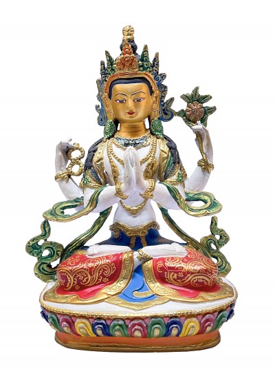 Nepali Statue Of Chenrezig, [partly Gold Plated], [painted Face], With Traditional Color Finishing