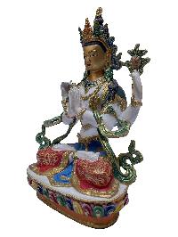 Nepali Statue Of Chenrezig, [partly Gold Plated], [painted Face], With Traditional Color Finishing