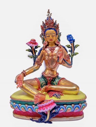 Nepali Statue Of Green Tara, [partly Gold Plated], [painted Face]