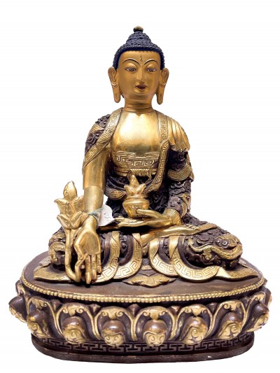 [old Stock], Nepali Statue Of Medicine Buddha, [partly Gold Plated], [painted Face], Deep Carving