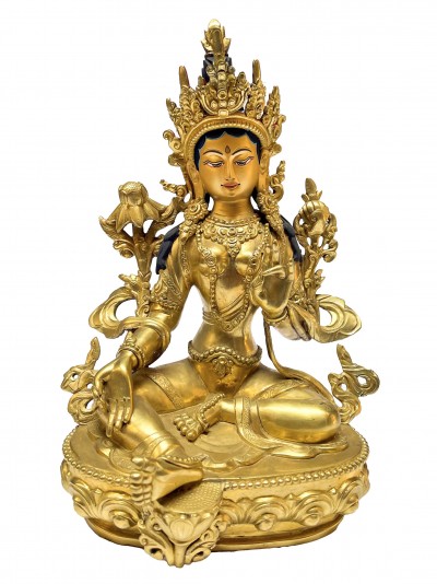 Nepali Statue Of Green Tara, [full Gold Plated], [painted Face]