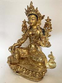 Handmade Nepali Statue Of Green Tara, [full Gold Plated]