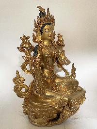 Handmade Nepali Statue Of Green Tara, [full Gold Plated]