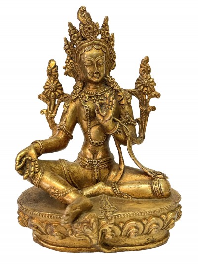 Nepali Handmade Statue Of Green Tara, [fire Gold Plated]