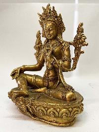 Nepali Handmade Statue Of Green Tara, [fire Gold Plated]