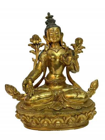 Nepali Handmade Statue Of White Tara, [full Fire Gold Plated]