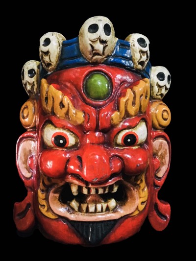 Mahakala Mask, Handmade Wooden Mini Mask, [painted Red], Poplar Wood