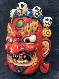 Mahakala Mask, Handmade Wooden Mini Mask, [painted Red], Poplar Wood