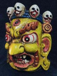 Mahakala Mask, Handmade Wooden Mini Mask, [painted Yellow], Poplar Wood