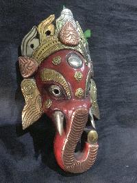 Ganesh Mask, Handmade Wooden Mask, [painted Red, Metal Inlaid], Poplar Wood