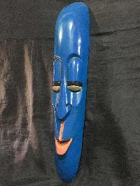 Handmade Wooden Mask Of Long Face Somalian, [painted Blue], Poplar Wood