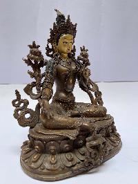 Nepali Handmade Statue Of Green Tara, [chocolate Oxidized], [painted Face]