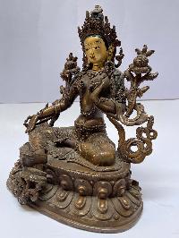 Nepali Handmade Statue Of Green Tara, [chocolate Oxidized], [painted Face]