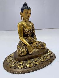 [old Stock], Nepali Handmade Statue Of Shakyamuni Buddha, [fire Gold Plated], With Deep Carving