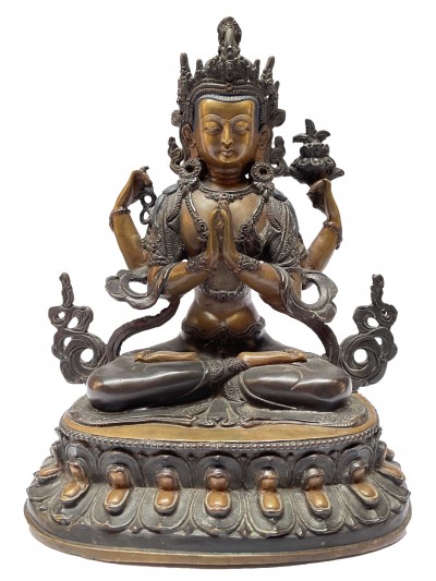 Nepali Handmade Statue Of Avalokiteshvara, Chenrezig, [chocolate Oxidized]