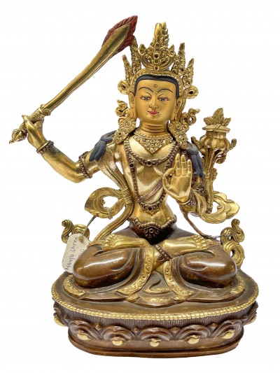 Nepali Handmade Statue Of Manjushri, [partly Gold Plated], [painted Face]