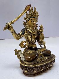 Nepali Handmade Statue Of Manjushri, [partly Gold Plated], [painted Face]