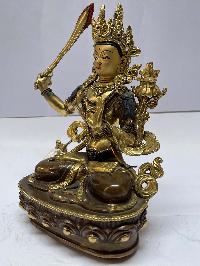 Nepali Handmade Statue Of Manjushri, [partly Gold Plated], [painted Face]