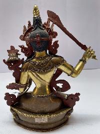 Nepali Handmade Statue Of Manjushri, [partly Gold Plated], [painted Face]