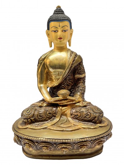 Nepali Handmade Statue Of Amitabha Buddha, [partly Gold Plated], [painted Face]