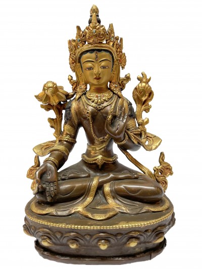 Nepali Handmade Statue Of White Tara, [partly Gold Plated], [painted Face]