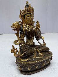 Nepali Handmade Statue Of White Tara, [partly Gold Plated], [painted Face]