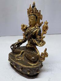 Nepali Handmade Statue Of White Tara, [partly Gold Plated], [painted Face]