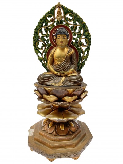 Nepali Handmade Statue Of Amitabha Buddha On Lotus, [partly Gold Plated], [painted Face]