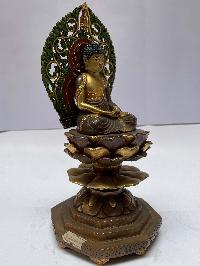 Nepali Handmade Statue Of Amitabha Buddha On Lotus, [partly Gold Plated], [painted Face]