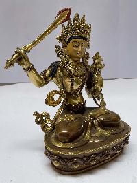 Nepali Handmade Statue Of Manjushri, [partly Gold Plated], [painted Face]