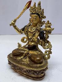 Nepali Handmade Statue Of Manjushri, [partly Gold Plated], [painted Face]