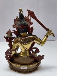 Nepali Handmade Statue Of Manjushri, [partly Gold Plated], [painted Face]